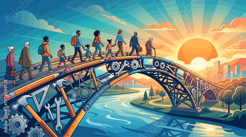 Diverse Group Journeying Across Artistic Bridge Towards Bright Horizon - Concept of Progress Community Connection and Hopeful Future - Dreamlike Scenic Artwork