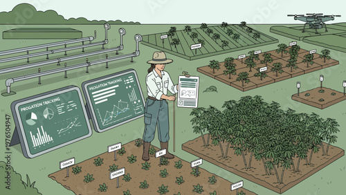 Farmer inspecting crops with advanced technology in a field.