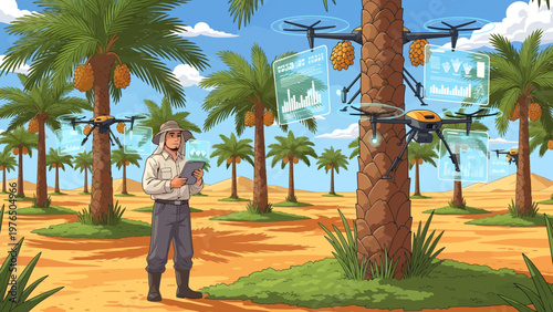 Farmer Inspecting Drones in Palm Tree Plantation.