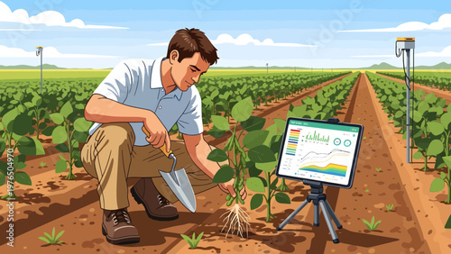 Farmer Inspecting Soybean Plants with Digital Tablet Technology.