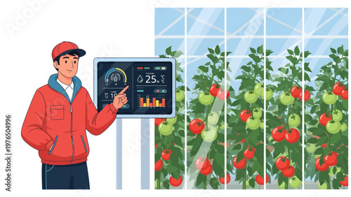 Farmer points to digital display in greenhouse with tomatoes.