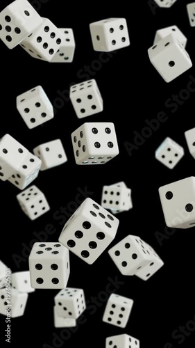 Falling white dice on transparent background, seamless slow motion loop