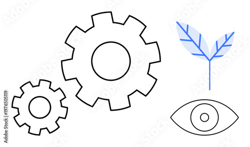 Innovation, sustainability, teamwork, vision, eco-friendly strategies, progress. Abstract gears, leaf outline and eye graphic. Innovation and sustainability concept highlighting teamwork and vision