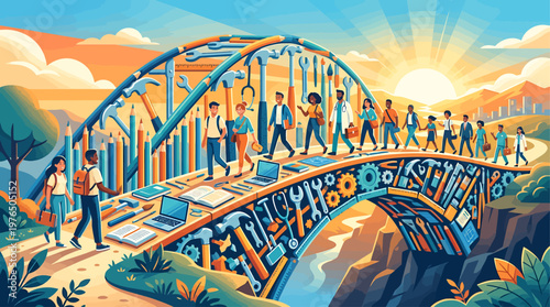 Diverse people crossing a vibrant multi-functional bridge symbolizing progress innovation and interconnectedness across professions and generations under a hopeful sunlit sky.