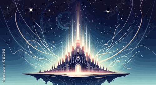 Fantasy castle with glowing light beam.