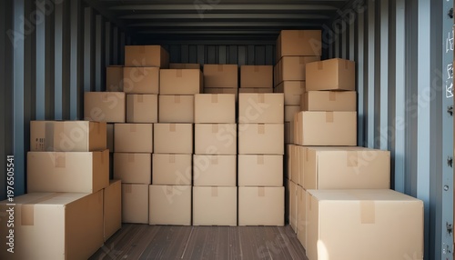Shipping container packed with neatly stacked cardboard boxes, ready for transport and delivery
