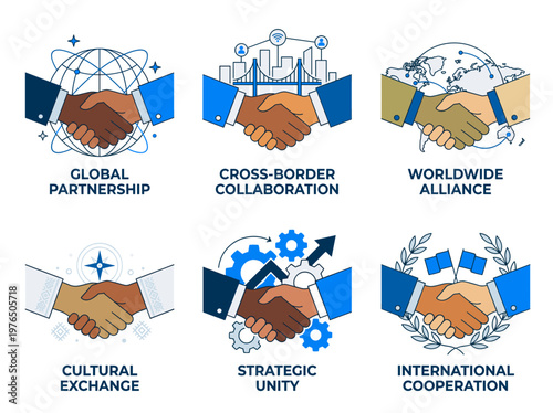 A collection of handshakes and related words suggesting global partnerships, alliances and collaboration