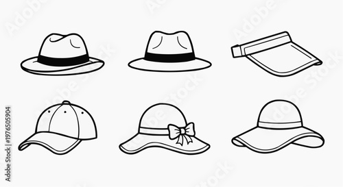 A collection of diverse hats, each showcasing unique styles and designs. From fedoras to visors, each one is outlined with minimalist style
