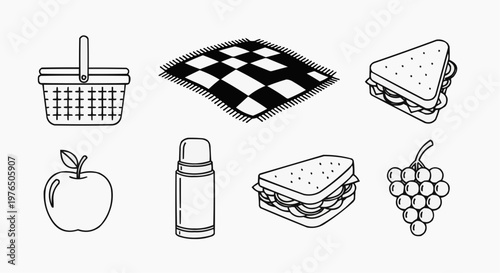 A collection of picnic essentials laid out against a minimalist backdrop. Featuring a picnic basket, blanket, sandwich, apple, thermos, and grapes