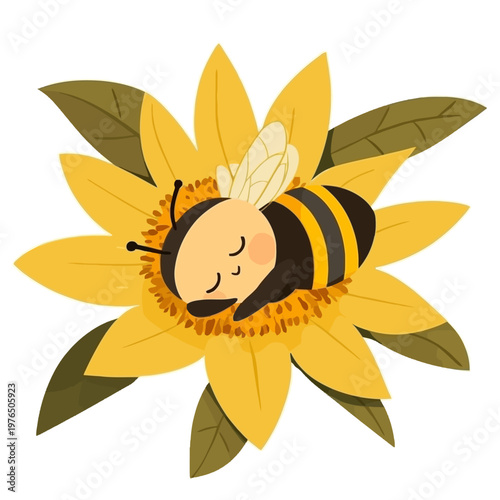 A cartoon bee rests asleep on a vibrant yellow flower with leaves. Simple, clean, and cheerful