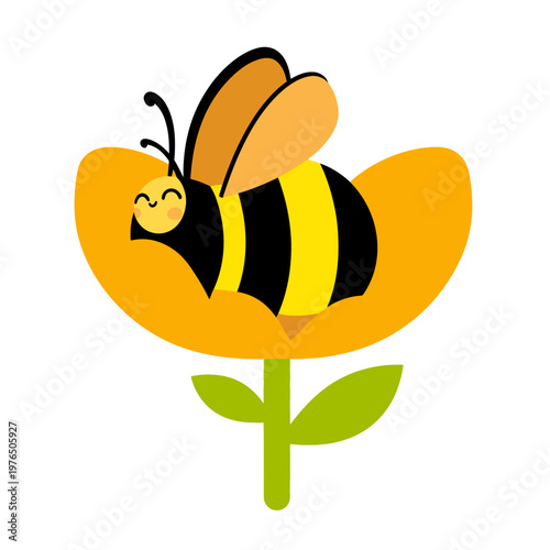 A happy insect rests in an orange flower with a green stem and leaves, smiling cheerfully