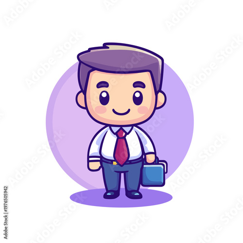 Cute cartoon businessman standing, holding briefcase, wearing a tie, inside a purple circle