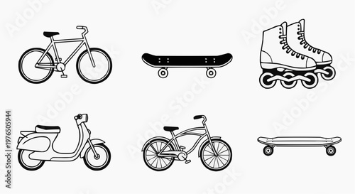 Collection of different forms of transportation with bicycle, scooter, and skates