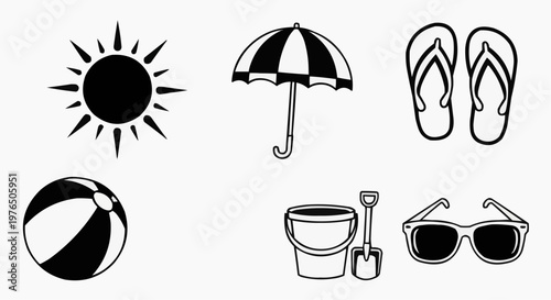 Summer icons include a sun, umbrella, flip-flops, ball, bucket, shovel and sunglasses. Perfect for summer-themed designs. 