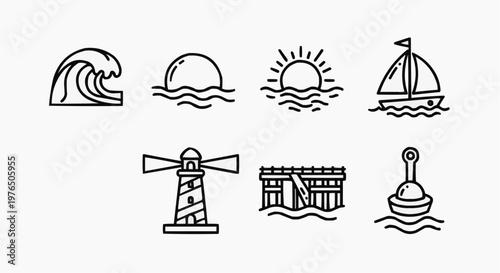 Collection of simple line art of ocean elements, including a wave, sunrise, sun, boat, lighthouse, pier, and buoy