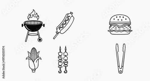 A grayscale illustration showcasing essential grilling items, evoking a sense of outdoor cooking and culinary enjoyment. The scene features a barbecue grill, hot dog, hamburger, corn, skewers.