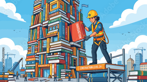 Construction worker building colorful stacked book tower outdoors on scaffolding with cityscape and blue sky