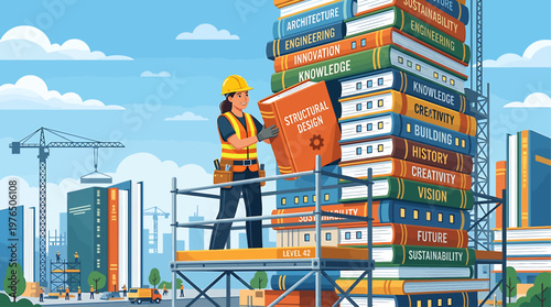 Conceptualizing Education Construction Worker Building Tower of Knowledge from Books Representing Professional Expertise  Architectural Ideas Education and Design (186 characters)