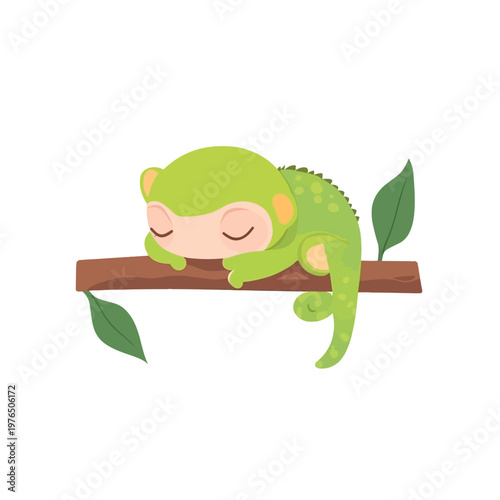 A cartoon green lizard sleeps peacefully on a brown branch, with green leaves, on a white background