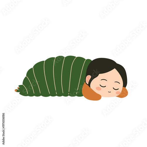 Cute cartoon illustration shows a person sleeping inside a green pod with white stripes