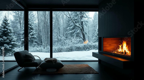 Cozy Modern Fireplace Interior with Snow Outside Winter Home Scene