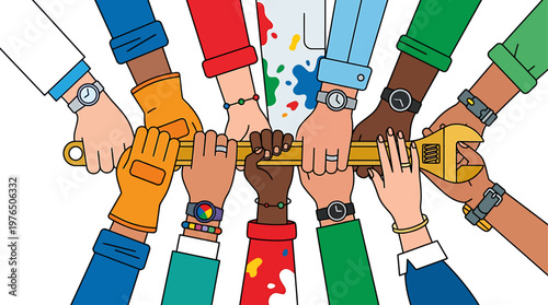 Diverse Hands Holding Adjustable Wrench Together Depicting Teamwork Unity and Collaboration in a Colorful Diverse Community Achieving a Common Goal for Success.