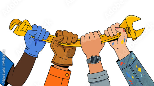 Diverse Hands Unite Holding a Golden Wrench Symbolizing Collaboration Teamwork Skillful Craftsmanship and Shared Effort in Building a Better Future Together.