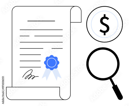 Legal document concept. Legal documentation with certification, financial symbol, and magnifying glass for verification. Legal uses include contracts, agreements, licensing, compliance, audits