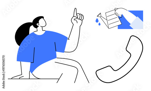 Customer support, assistance, communication, water conservation, service hotline, advice. Person pointing upwards, hand pouring water and phone icon. Assistance and communication concept