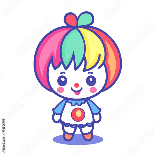 A vibrant cartoon figure with rainbow hair, rosy cheeks, and a smiling expression