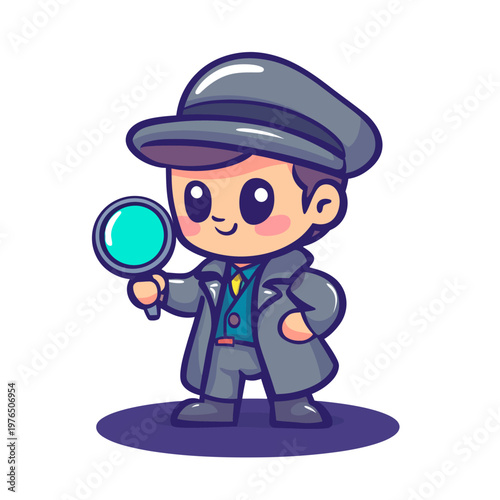 Cute cartoon illustration of a young detective holding a magnifying glass and wearing a hat