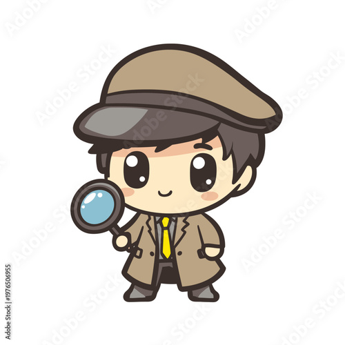 Adorable cartoon illustration of a detective character, dressed with magnifying glass