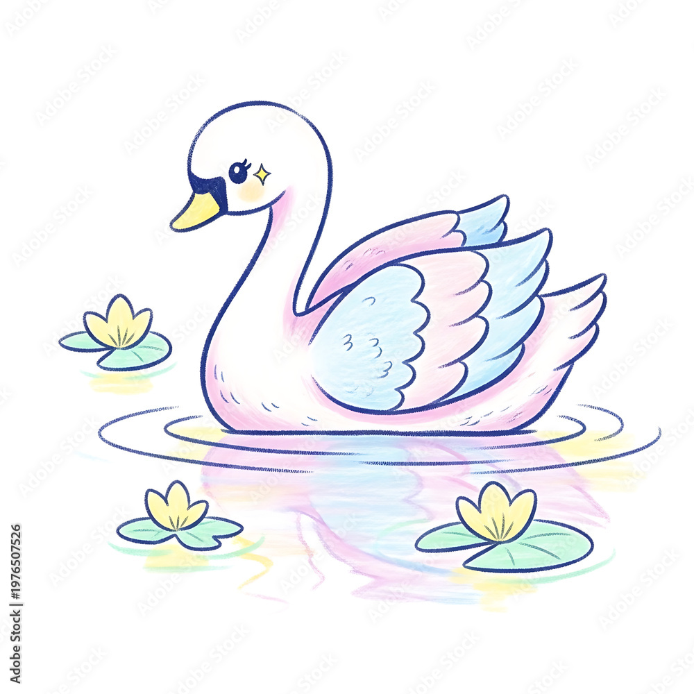 Fototapeta premium Cute cartoon swan floating on water with lily pads and a reflection.