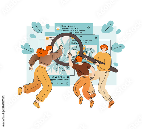 Adults and teenager look at social media using a magnifying glass, family cares about a child when he interacts with social media