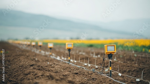 Line of soil sensors measuring agricultural data in a field