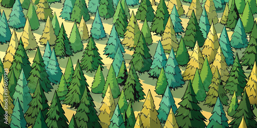 Dense evergreen forest illustration with stylized pine trees in shades of green and gold pattern