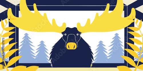 Modern flat design illustration of a majestic blue moose with yellow antlers in a pine forest