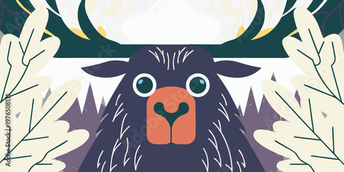 Stylized flat design illustration of a purple moose peeking through white branches in the woods