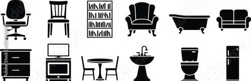 Furniture icons set, home interior elements, chair sofa bathtub kitchen appliances, household objects, minimal silhouette vector, modern living space illustration collection