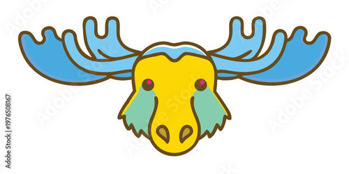 Vibrant cartoon moose head illustration with blue and yellow antlers in a whimsical style
