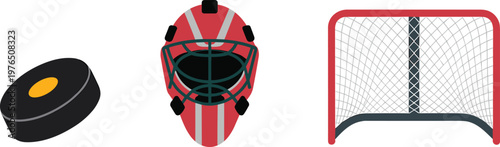 Ice hockey equipment set including puck, goalie mask, and net, sports gear collection isolated vector illustration for winter game concept