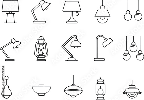 Lighting icons set, outline vector illustration, table lamps pendant lights desk lamp lantern bulbs modern interior illumination isolated design elements
