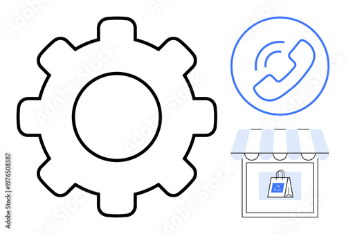 Business operations, communication, e-commerce, customer service, technology, retail solutions. Large gear icon with phone and store graphics. Business operations and communication concept