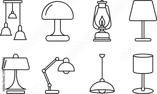 Modern minimalist lighting icons set, outline vector illustration, table lamps pendant lights vintage lantern desk lamp collection isolated design elements
