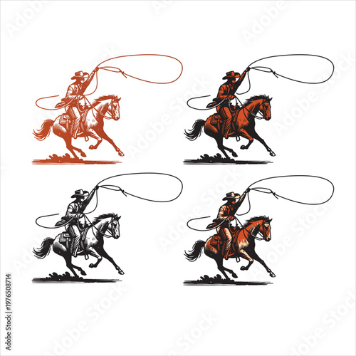 Four cowboys on horseback with lassos