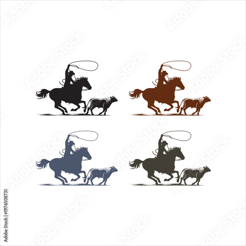 Cowboys on horseback roping cattle in different colors