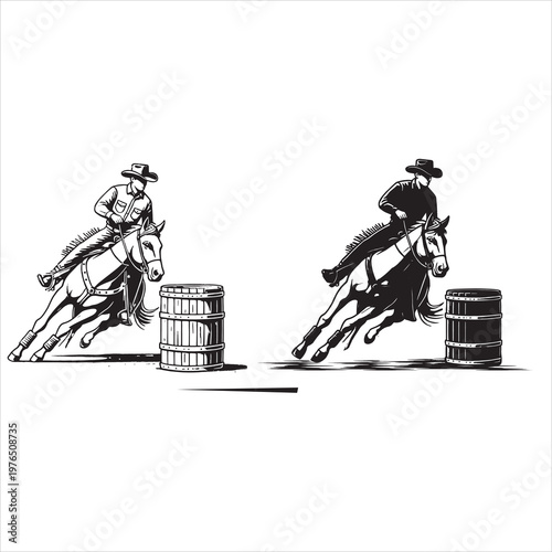 Two cowboys riding horses around barrels