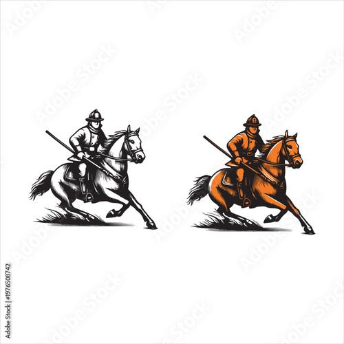 Two jousters on horseback in action