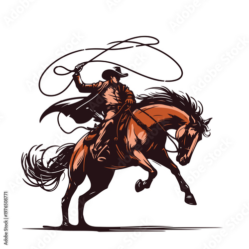 Cowboy riding a horse and swinging a lasso