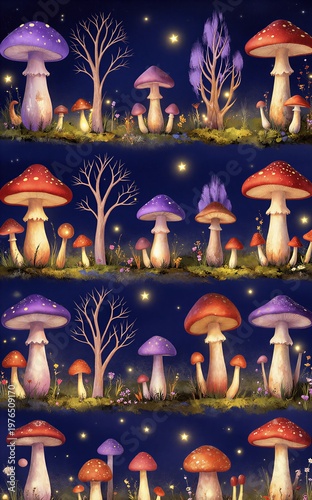 Mushrooms glow under starry night with bare trees and twinkling